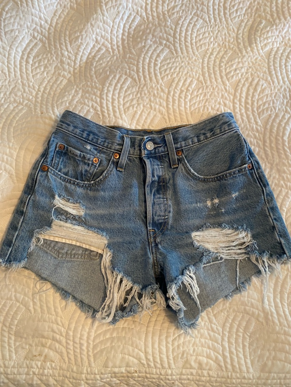 Levi’s Distressed High-Waist Blue Denim Shorts